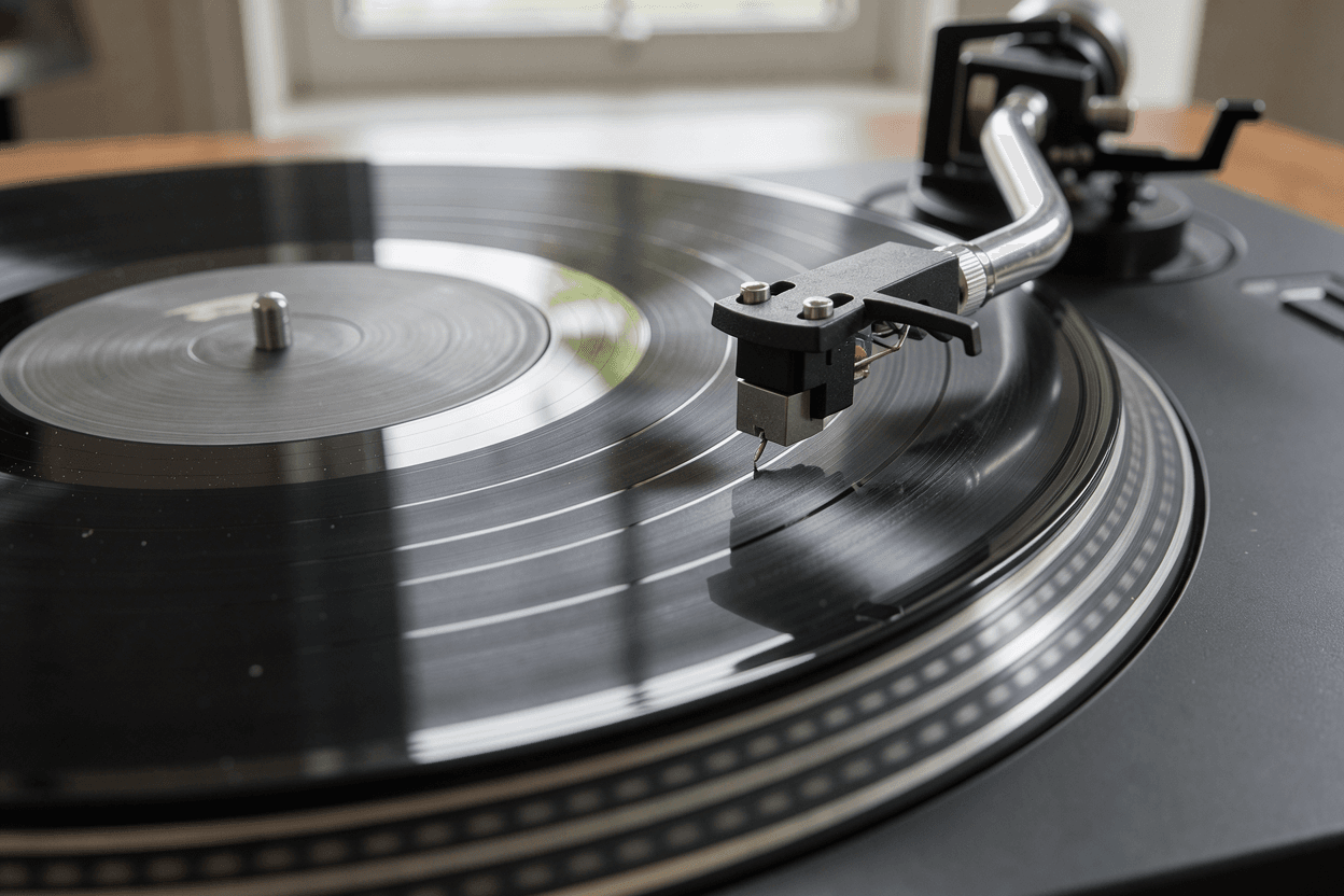 Close up of a turntable needle on the groove of a spinning vinyl record